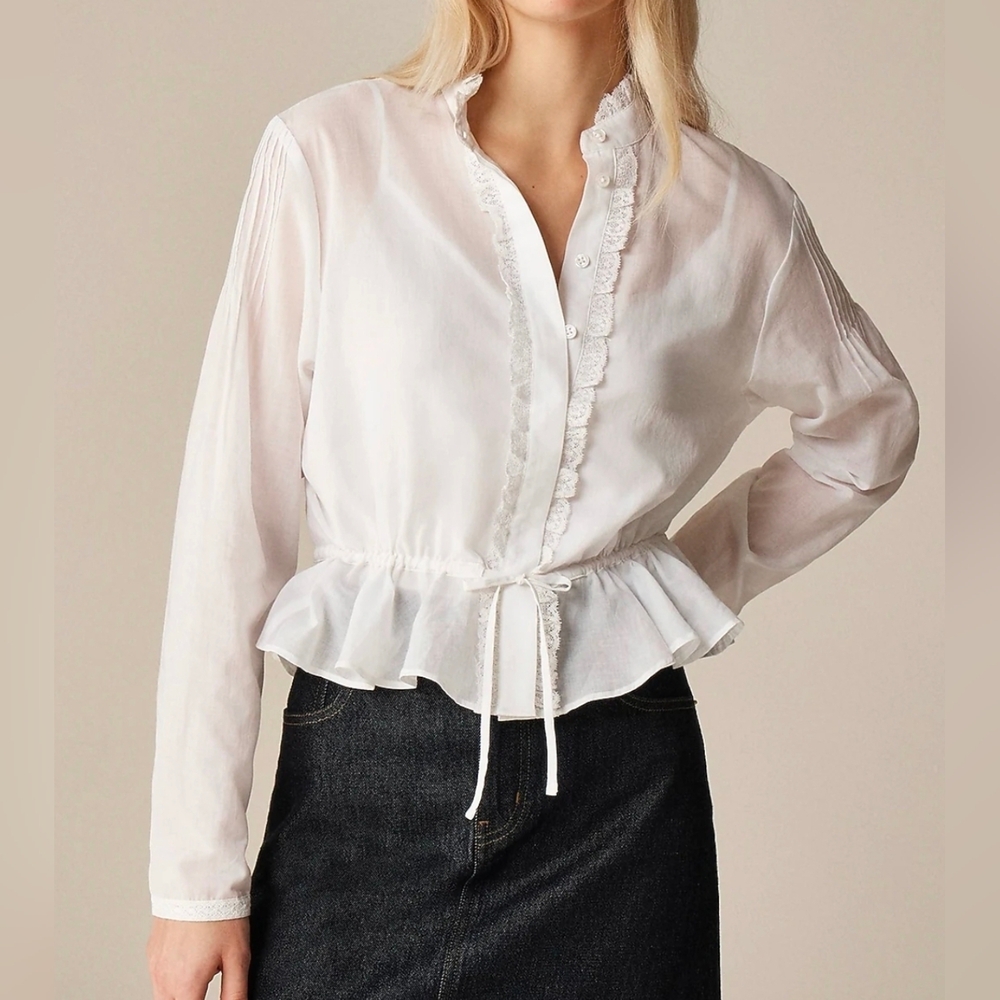 J. Crew Lace Trim Cinched Waist Top In Cotton Voile White Size Medium
